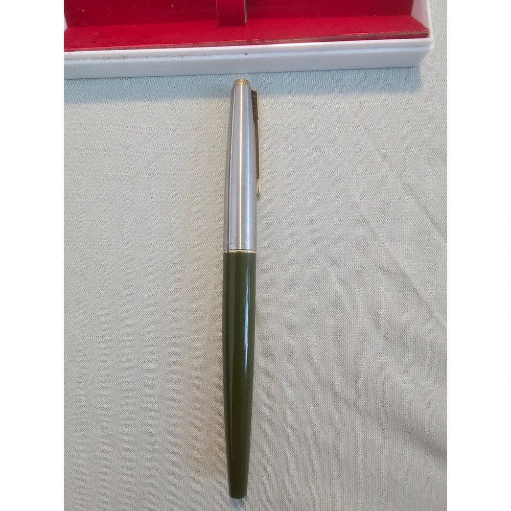 Parker 45 Fountain Pen Olive Green Brushed Steel Gold Trim Made in USA with Case